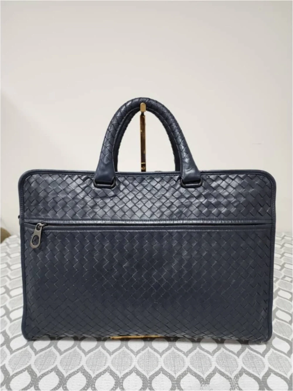 Authentic Bottega Veneta Intrecciato Top Zip Briefcase Navy Blue